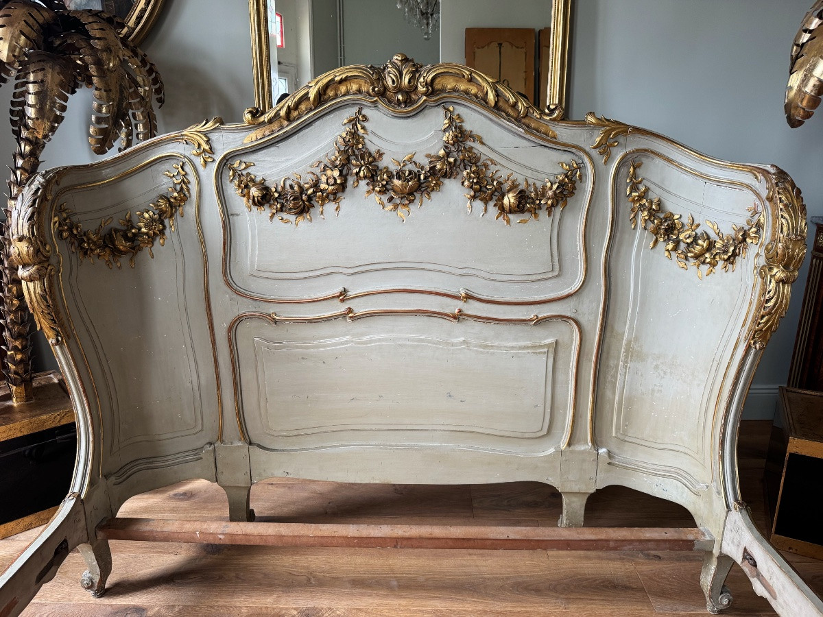 Lit d’époque Napoléon III en bois peint et doré de style Louis XV - XIXe siècle-photo-7
