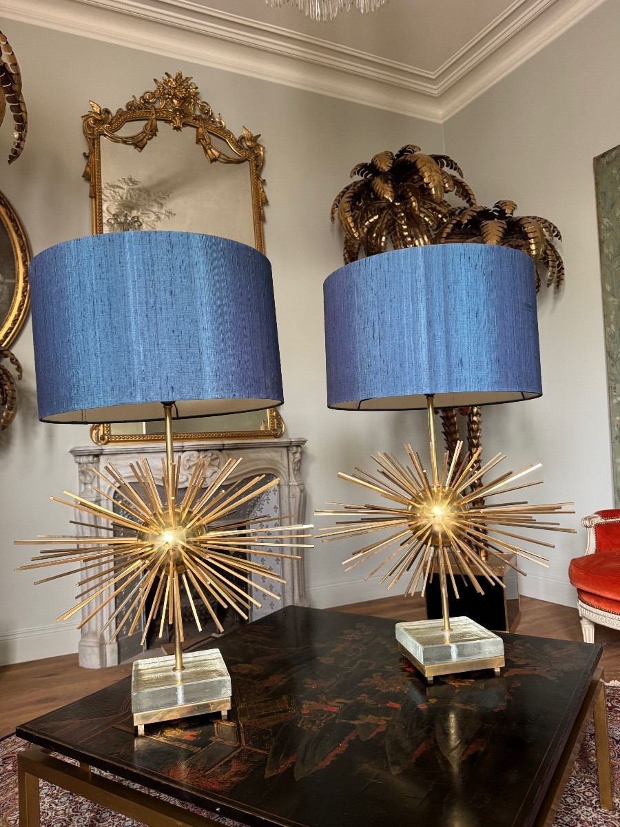 Large Pair Of 1970s Brass And Bronze Lamps - In The Style Of Jansen -photo-2