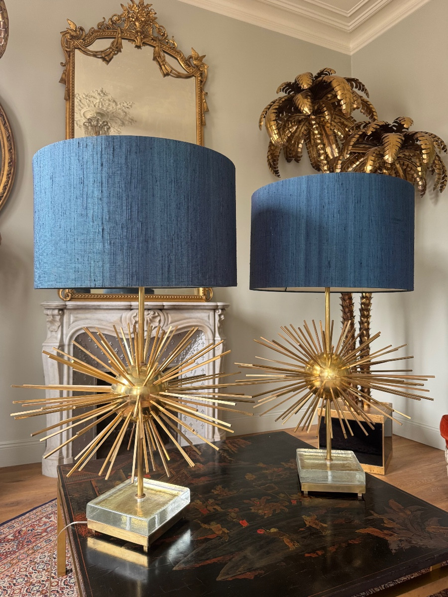 Large Pair Of 1970s Brass And Bronze Lamps - In The Style Of Jansen 
