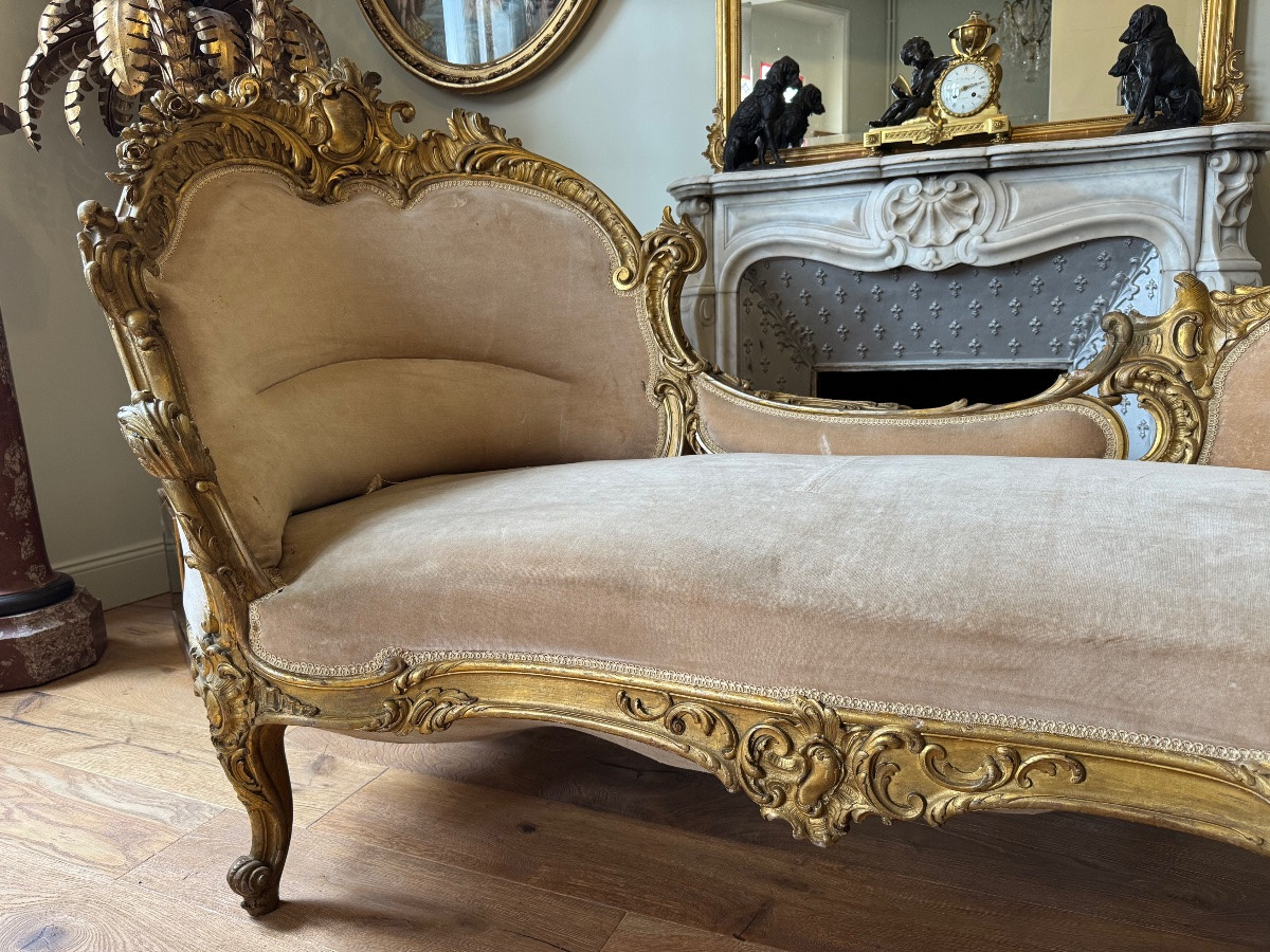 Important Napoleon III Period Chaise Longue In Gilded And Carved Wood In Louis XV Style - 19th Century -photo-3