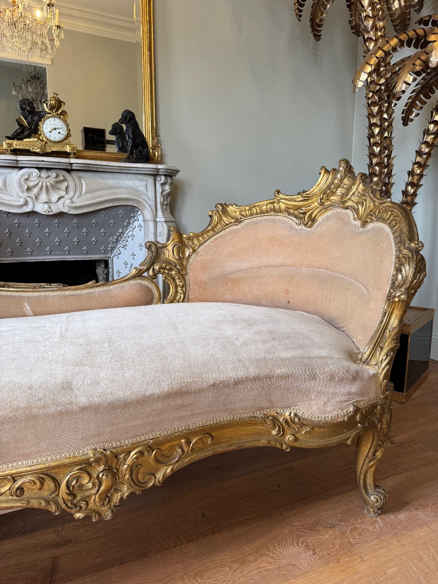 Important Napoleon III Period Chaise Longue In Gilded And Carved Wood In Louis XV Style - 19th Century -photo-4