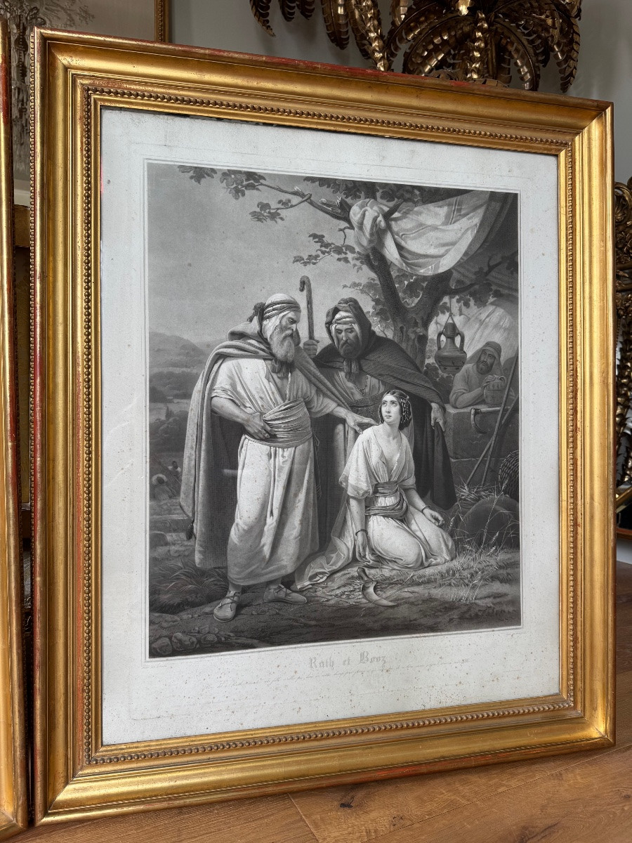 Grande paire de gravures à scène biblique dans leur cadre d’origine en bois doré du XIXe -photo-3