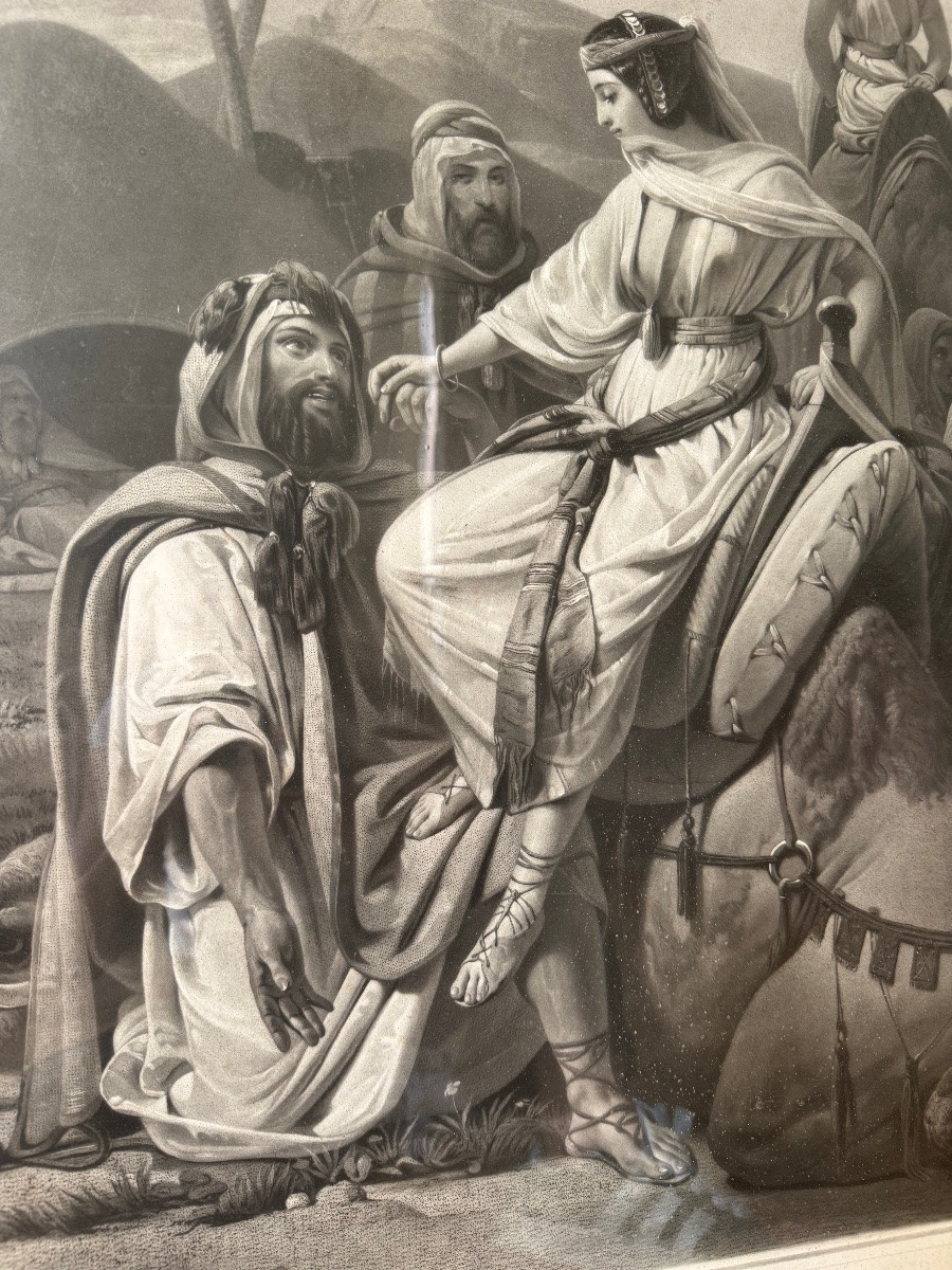 Grande paire de gravures à scène biblique dans leur cadre d’origine en bois doré du XIXe -photo-1