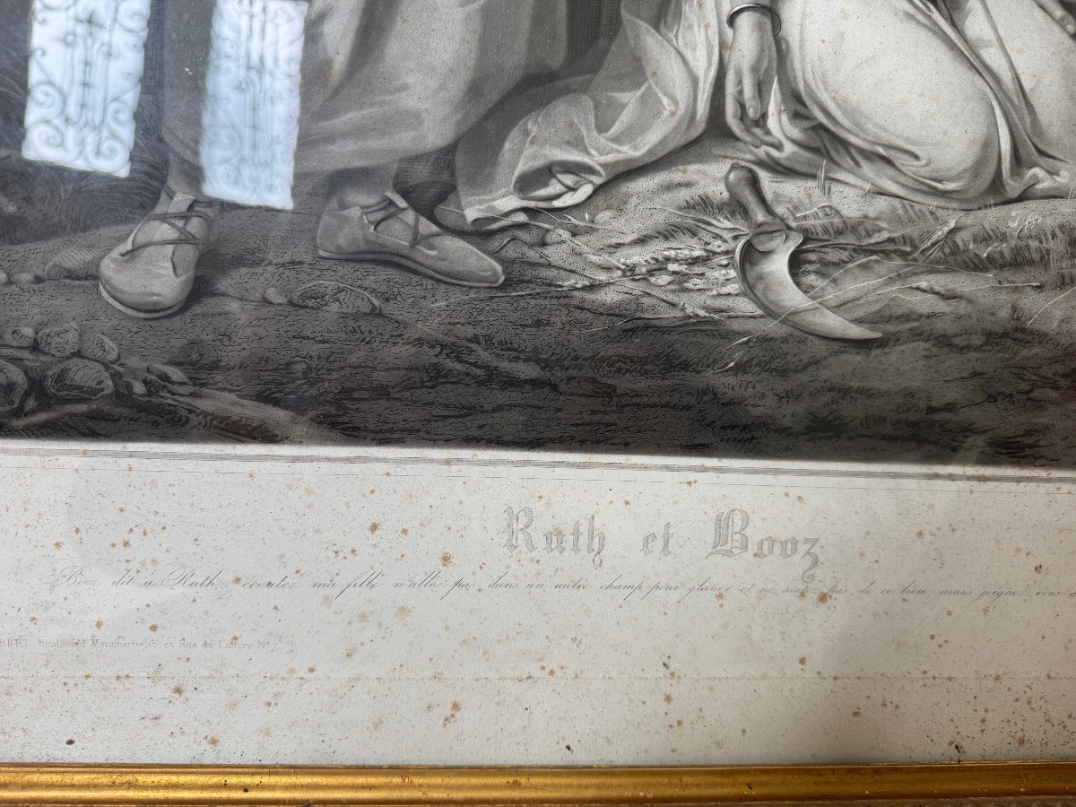 Grande paire de gravures à scène biblique dans leur cadre d’origine en bois doré du XIXe -photo-6