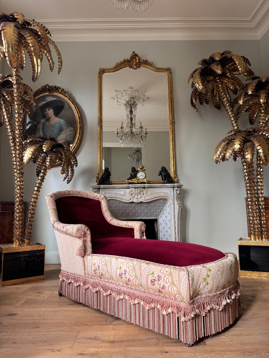 Méridienne d’époque Napoléon III en velours bordeau et décor floral  - XIXe siècle-photo-2