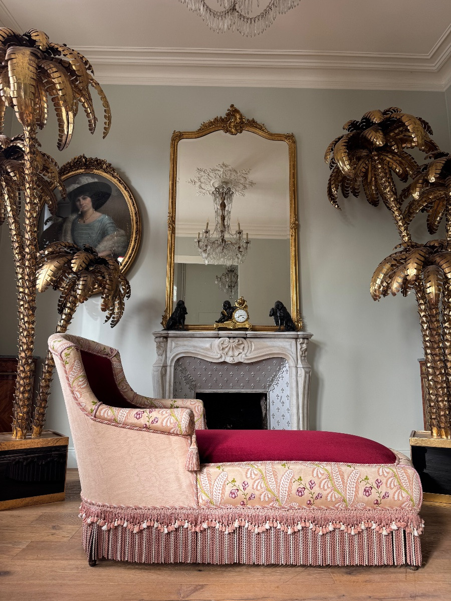 Méridienne d’époque Napoléon III en velours bordeau et décor floral  - XIXe siècle-photo-3