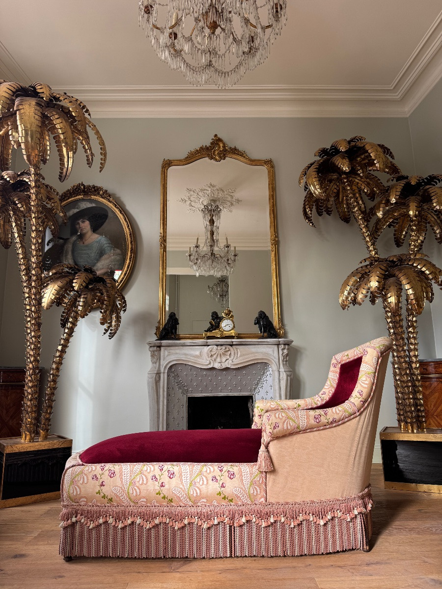 Méridienne d’époque Napoléon III en velours bordeau et décor floral  - XIXe siècle-photo-4