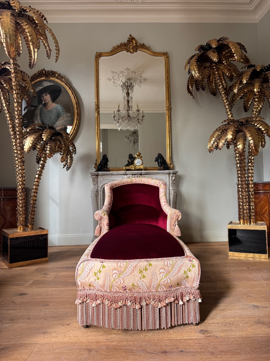 Méridienne d’époque Napoléon III en velours bordeau et décor floral  - XIXe siècle-photo-1