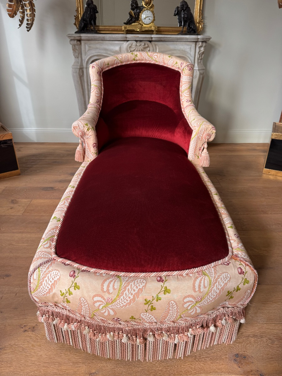 Méridienne d’époque Napoléon III en velours bordeau et décor floral  - XIXe siècle-photo-2