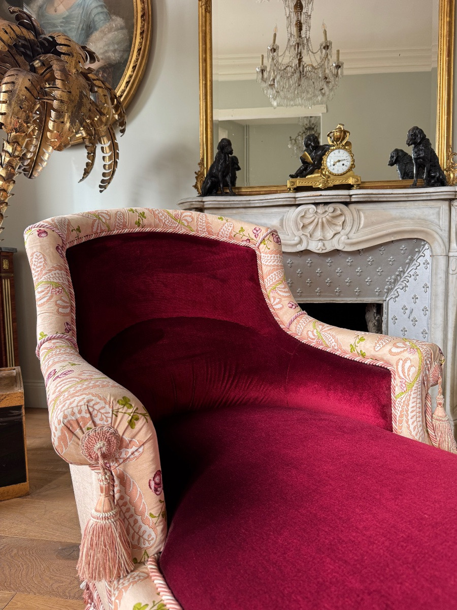 Méridienne d’époque Napoléon III en velours bordeau et décor floral  - XIXe siècle-photo-3