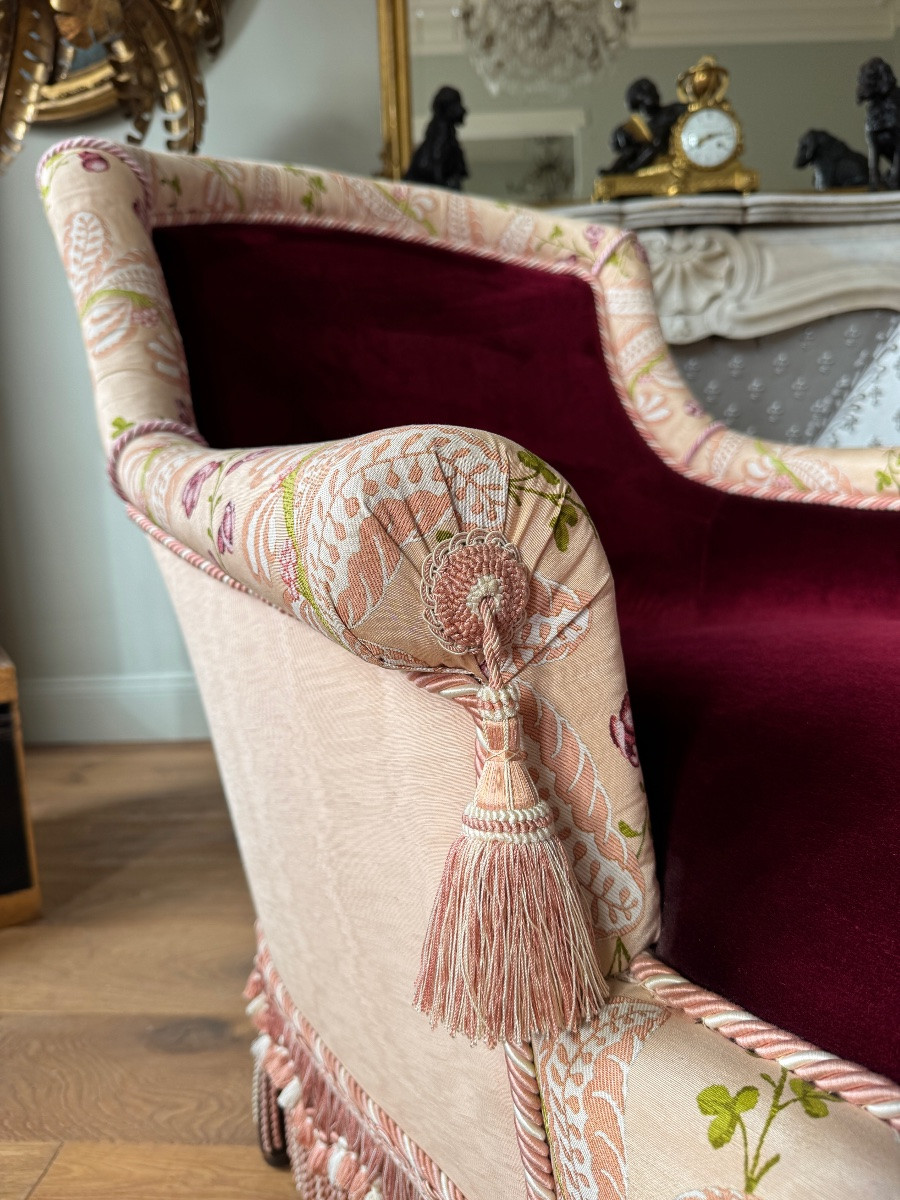 Méridienne d’époque Napoléon III en velours bordeau et décor floral  - XIXe siècle-photo-4