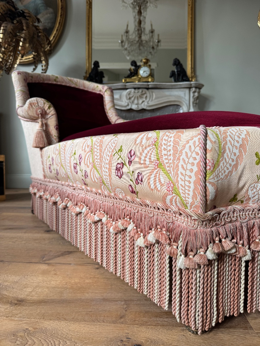 Méridienne d’époque Napoléon III en velours bordeau et décor floral  - XIXe siècle-photo-5