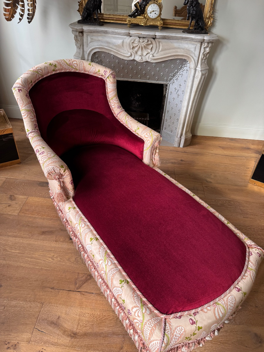 Méridienne d’époque Napoléon III en velours bordeau et décor floral  - XIXe siècle-photo-7