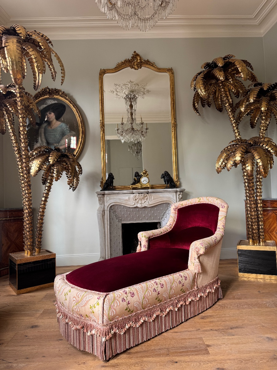 Méridienne d’époque Napoléon III en velours bordeau et décor floral  - XIXe siècle