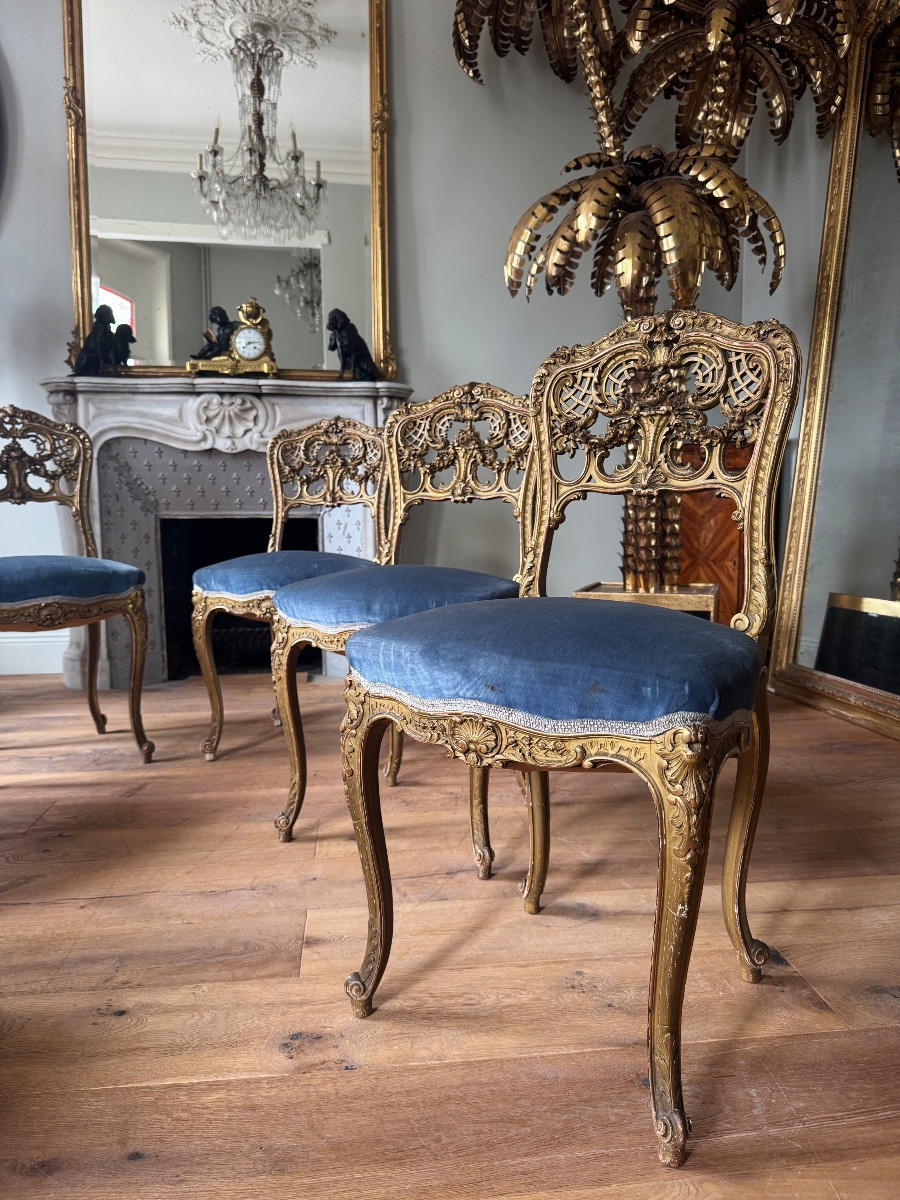 Set Of 6 Napoleon III Period Chairs In Gilded And Carved Wood In Louis XV Style - 19th Century -photo-4