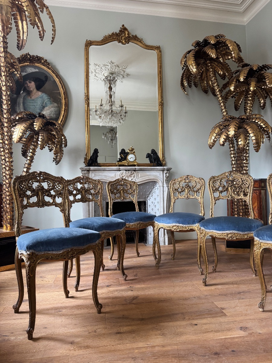 Set Of 6 Napoleon III Period Chairs In Gilded And Carved Wood In Louis XV Style - 19th Century -photo-1