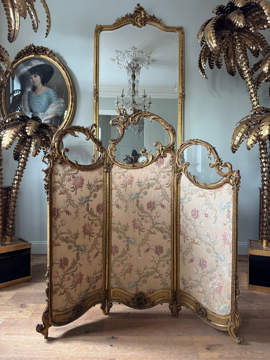 Napoleon III Period 3-leaf Screen In Gilded And Carved Wood In Louis XV Style-photo-2