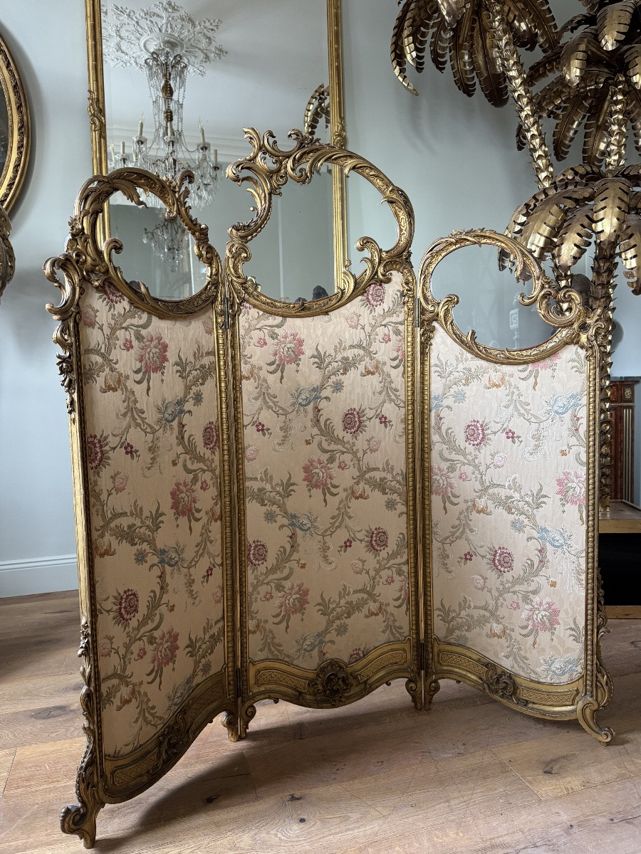 Napoleon III Period 3-leaf Screen In Gilded And Carved Wood In Louis XV Style-photo-3