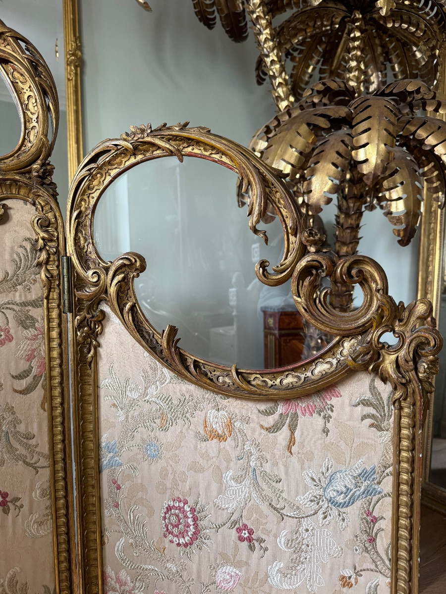 Napoleon III Period 3-leaf Screen In Gilded And Carved Wood In Louis XV Style-photo-4