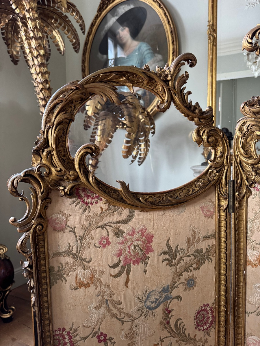 Napoleon III Period 3-leaf Screen In Gilded And Carved Wood In Louis XV Style-photo-2