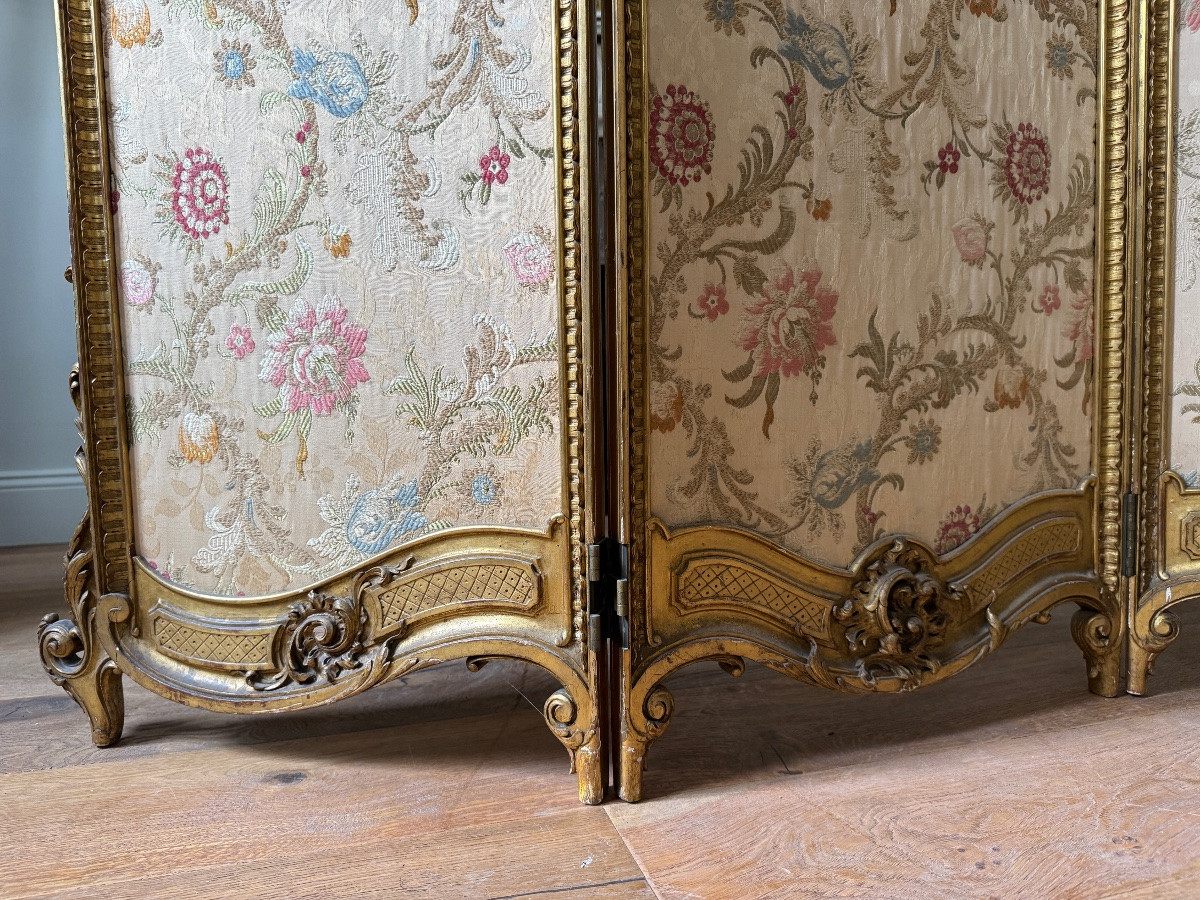 Napoleon III Period 3-leaf Screen In Gilded And Carved Wood In Louis XV Style-photo-3