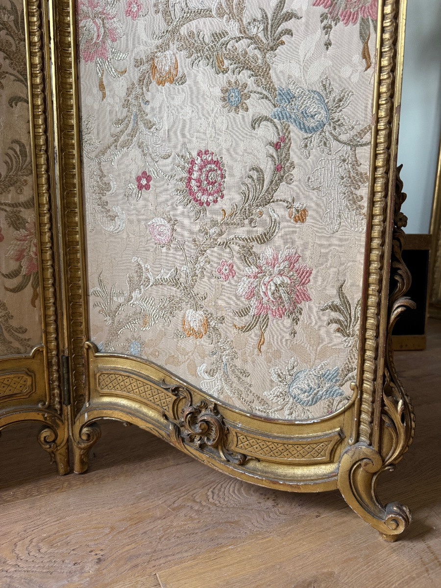 Napoleon III Period 3-leaf Screen In Gilded And Carved Wood In Louis XV Style-photo-5