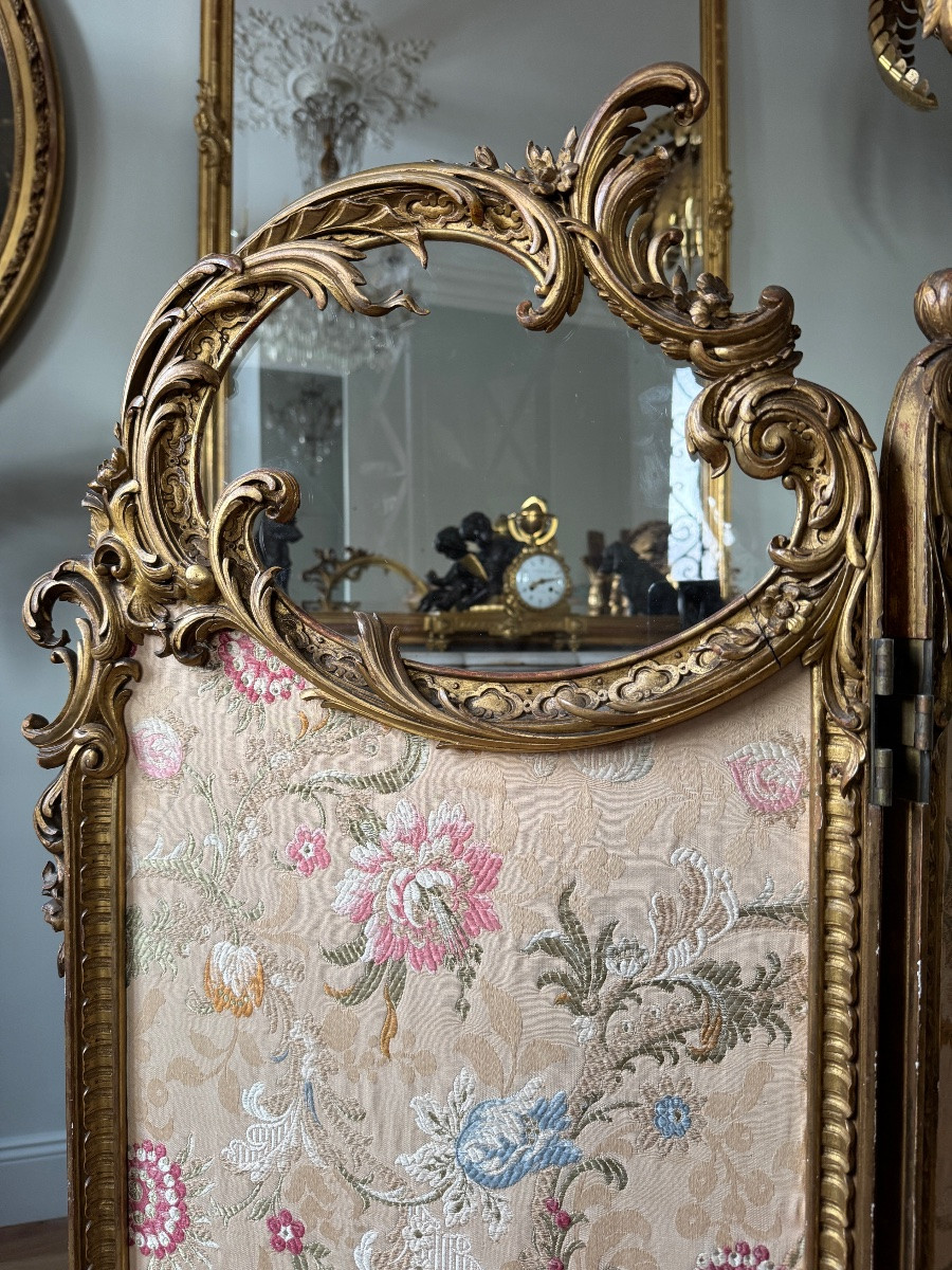 Napoleon III Period 3-leaf Screen In Gilded And Carved Wood In Louis XV Style-photo-6