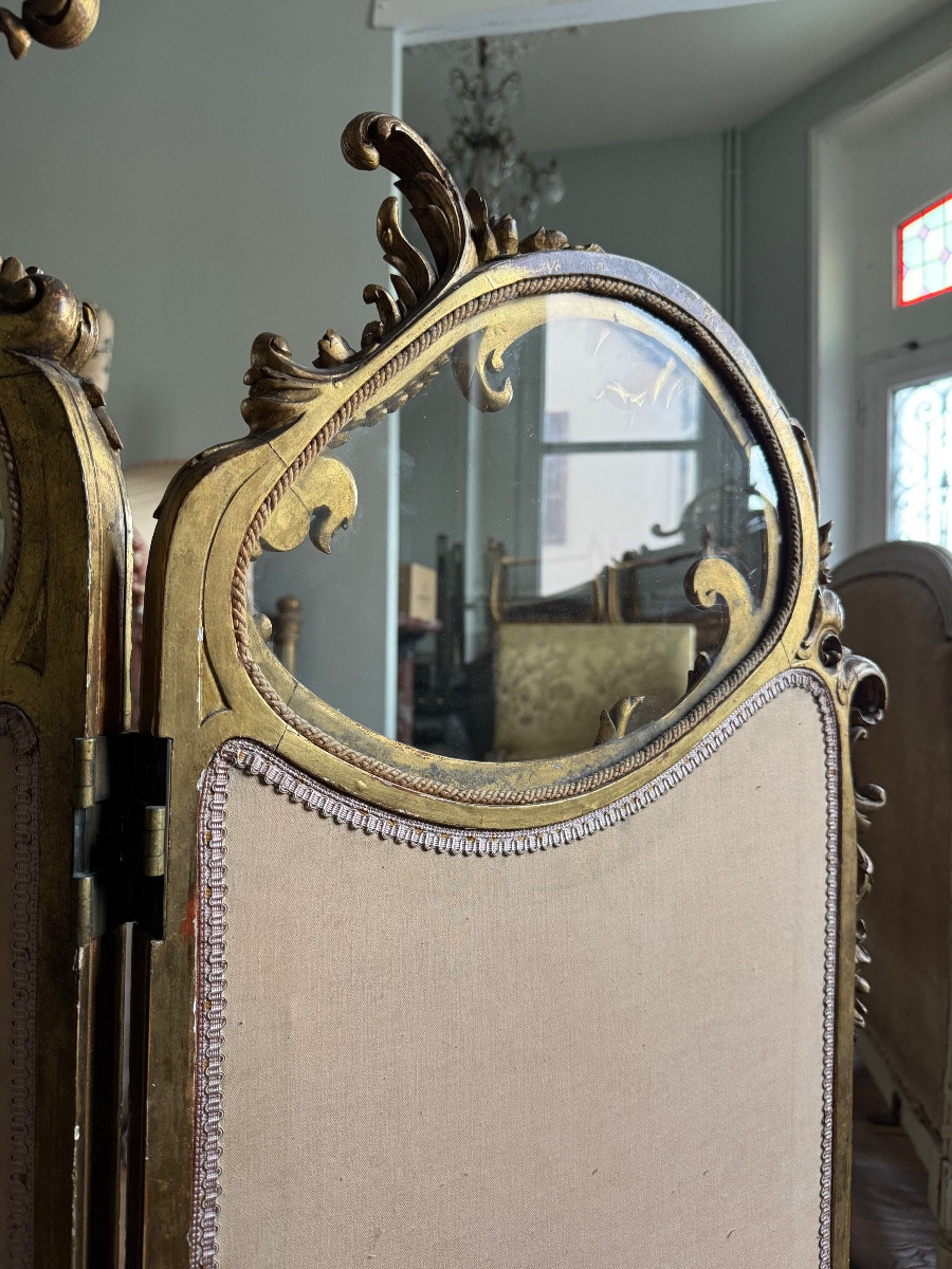 Napoleon III Period 3-leaf Screen In Gilded And Carved Wood In Louis XV Style-photo-7