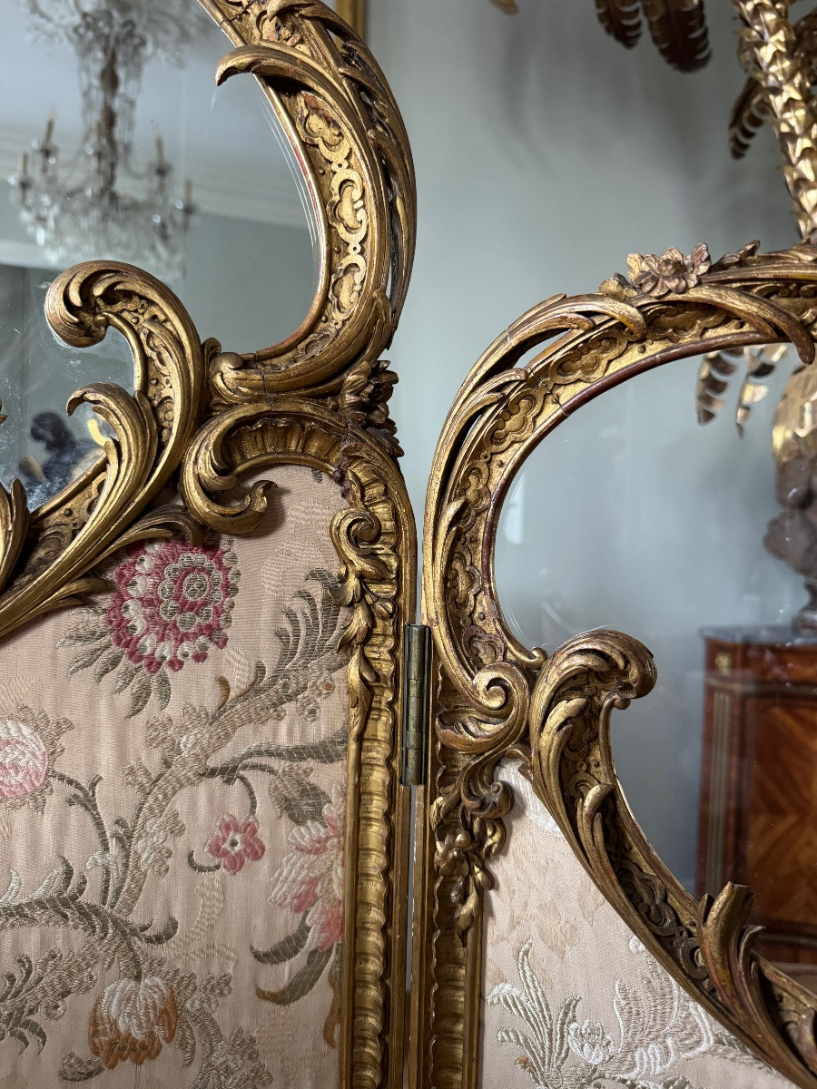 Napoleon III Period 3-leaf Screen In Gilded And Carved Wood In Louis XV Style-photo-8
