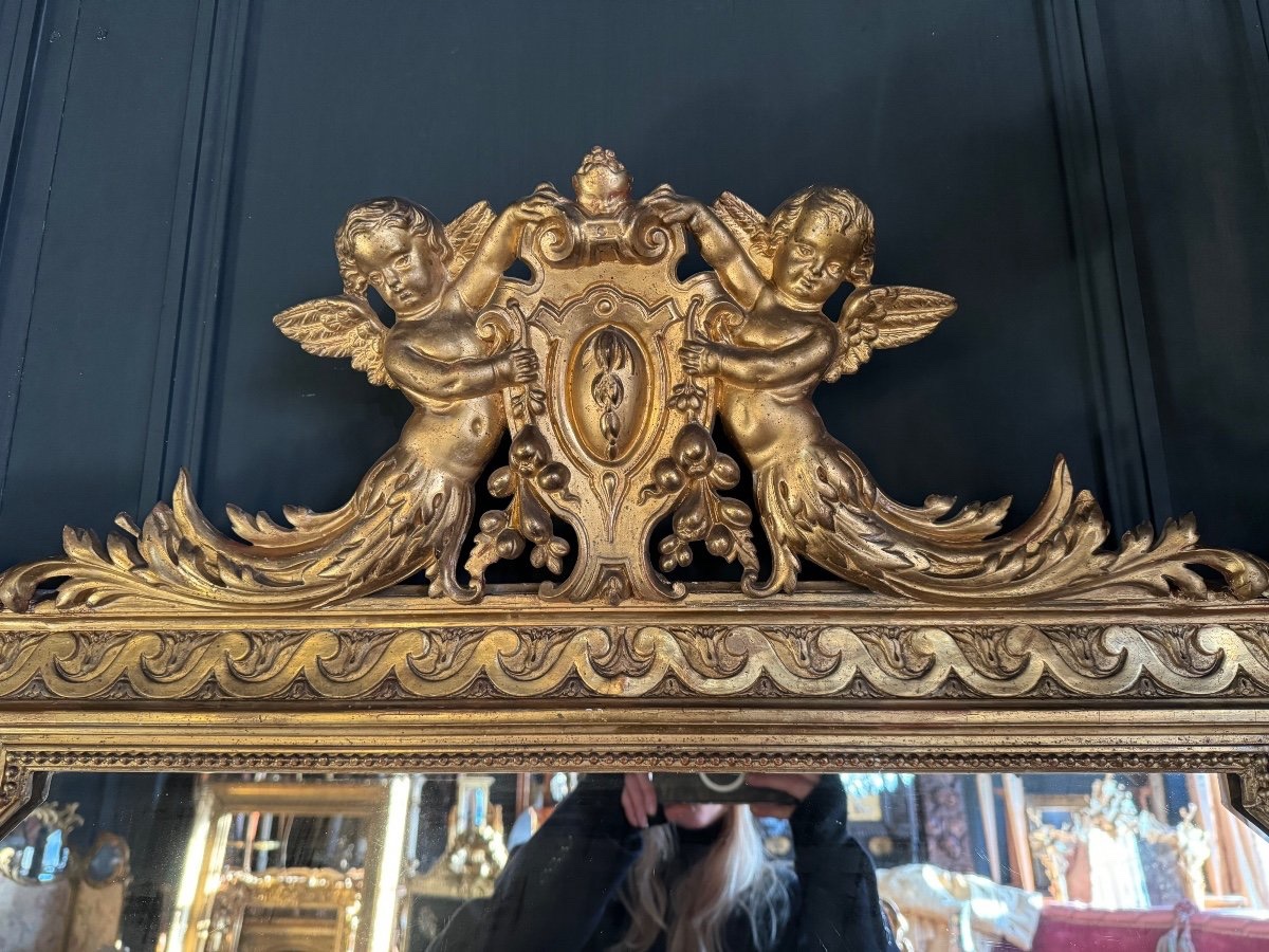 Miroir De Cheminée D’époque Napoléon III En Bois Doré à Décor De Putti - XIXe-photo-4
