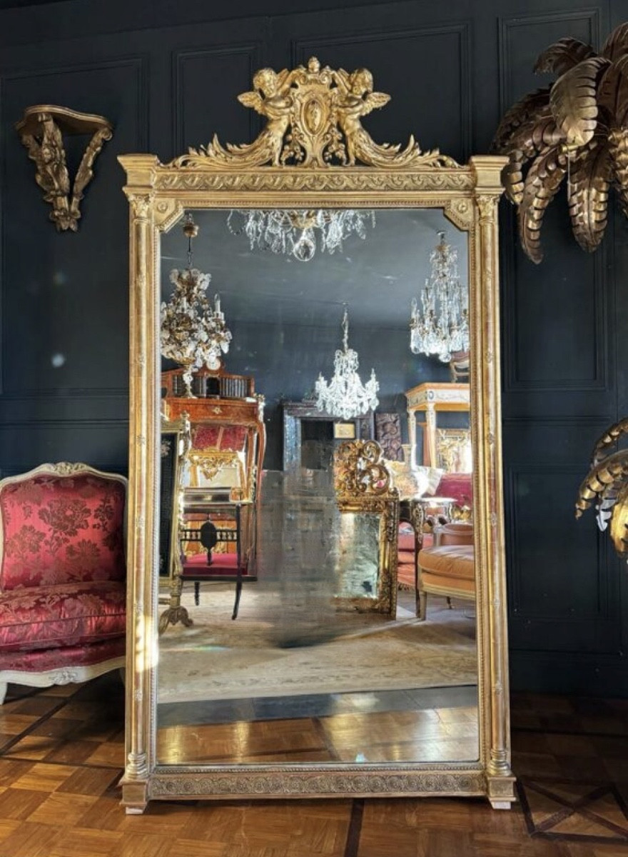 Miroir De Cheminée D’époque Napoléon III En Bois Doré à Décor De Putti - XIXe