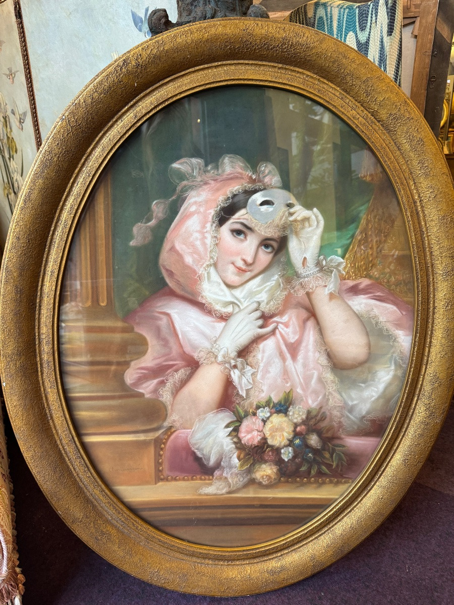 Large Pastel From The Late 19th Century Depicting A Young Woman With A Mask -photo-2