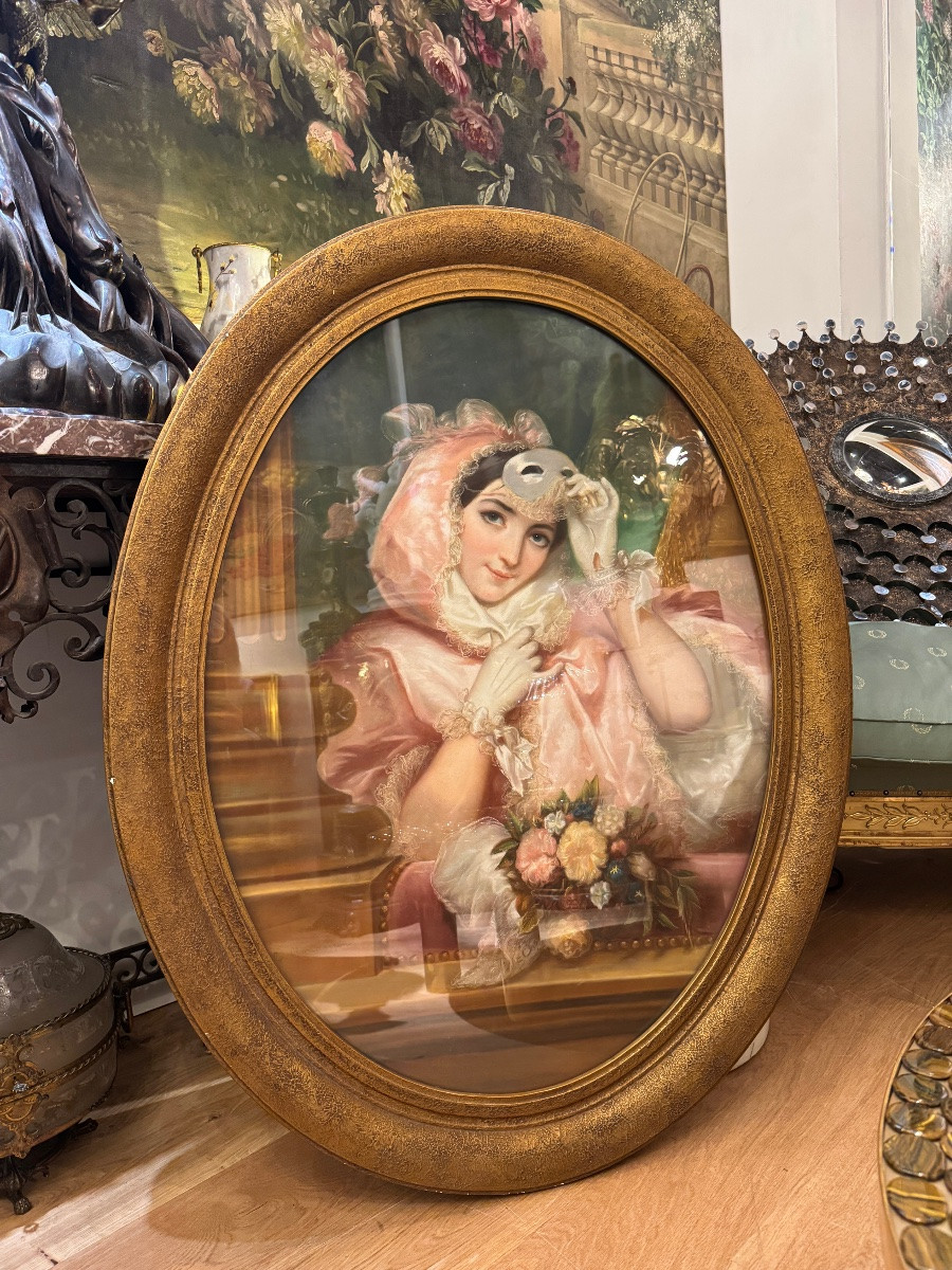 Large Pastel From The Late 19th Century Depicting A Young Woman With A Mask -photo-3