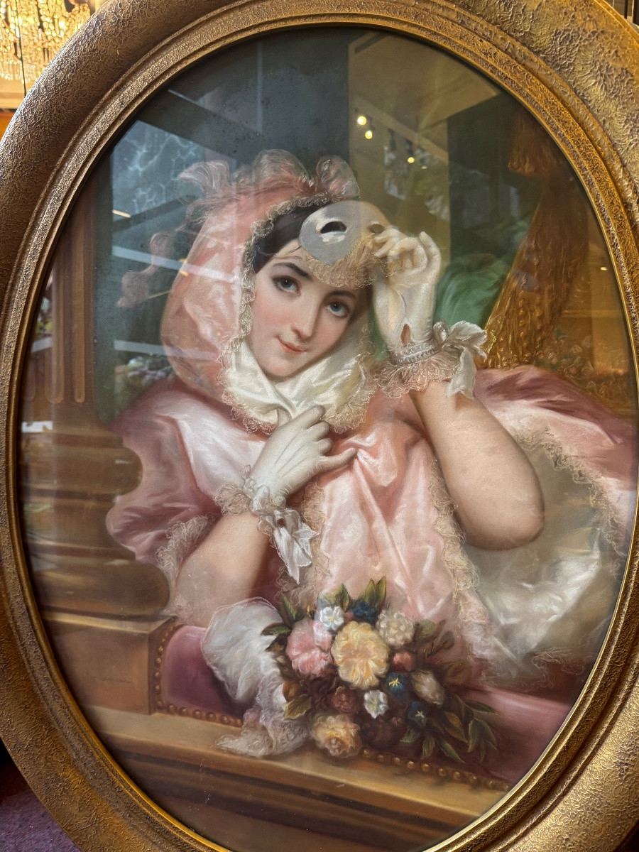 Large Pastel From The Late 19th Century Depicting A Young Woman With A Mask -photo-4