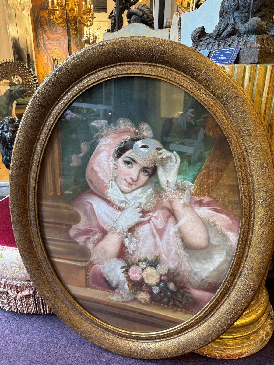 Large Pastel From The Late 19th Century Depicting A Young Woman With A Mask -photo-1