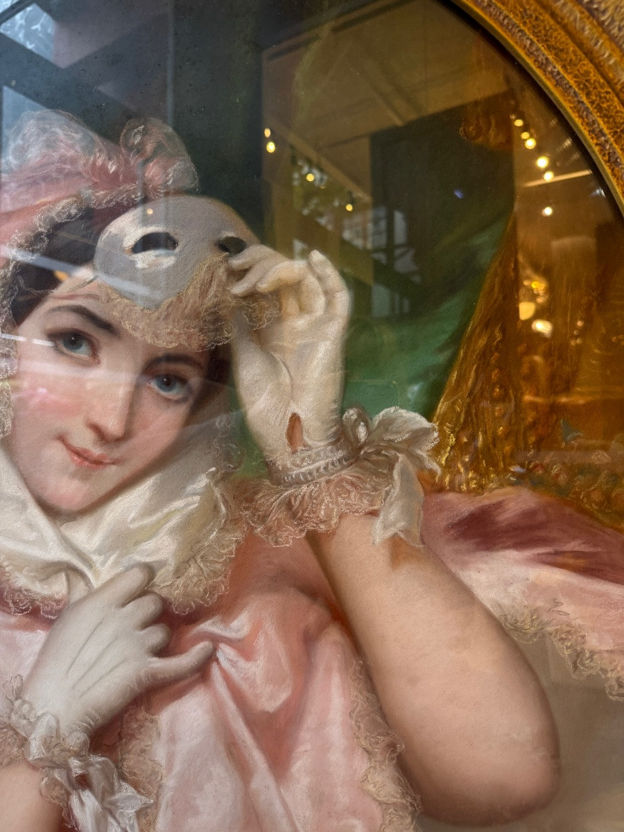 Large Pastel From The Late 19th Century Depicting A Young Woman With A Mask -photo-3