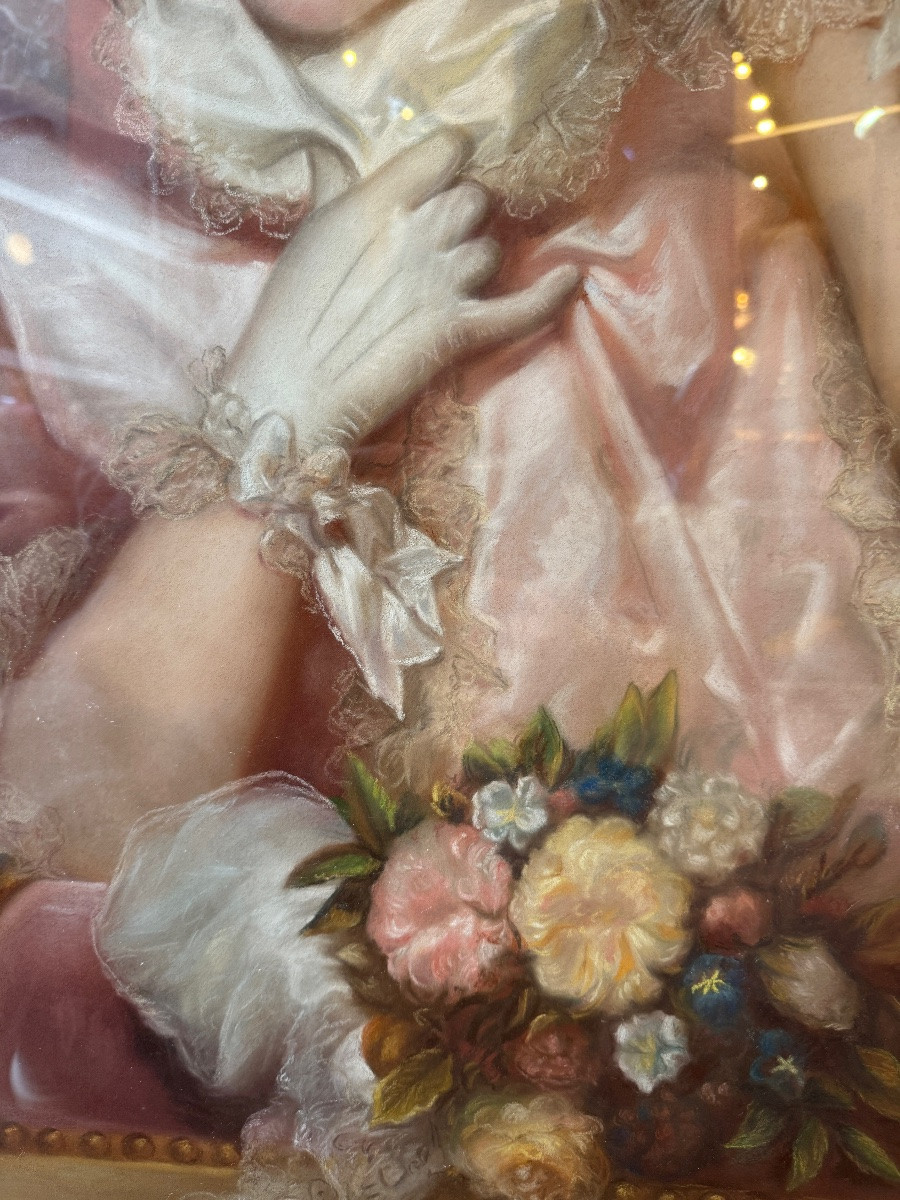 Large Pastel From The Late 19th Century Depicting A Young Woman With A Mask -photo-4