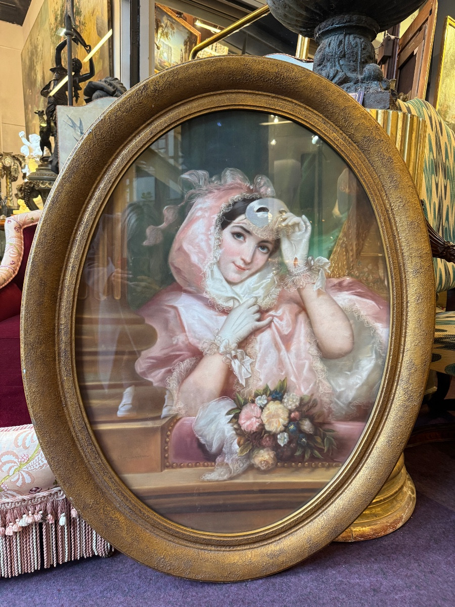 Large Pastel From The Late 19th Century Depicting A Young Woman With A Mask 