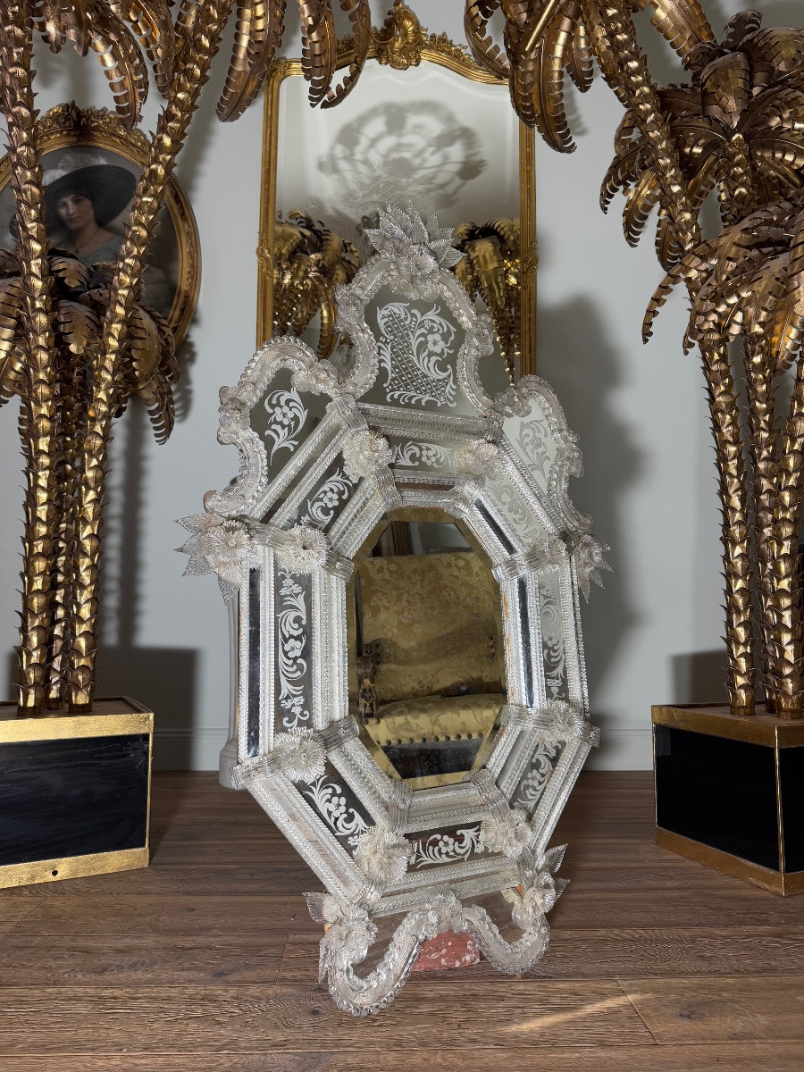 Miroir vénitien de la fin du XIXe siècle en verre gravé  (H134xL85cm)-photo-3
