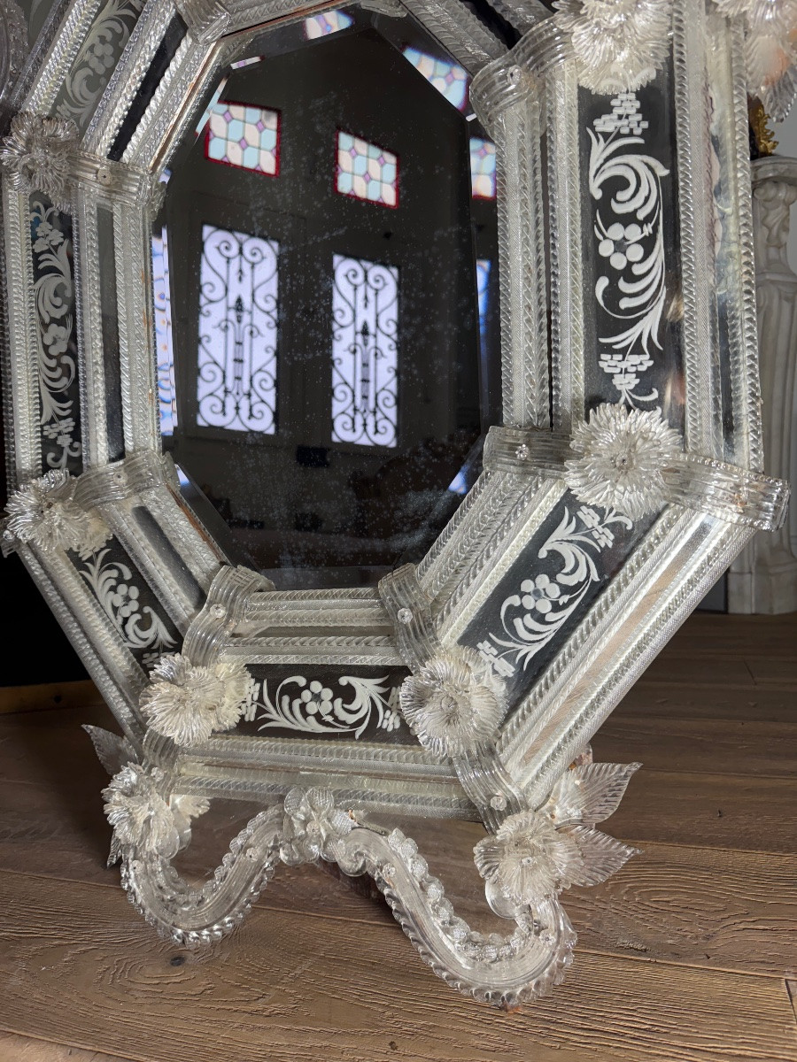 Miroir vénitien de la fin du XIXe siècle en verre gravé  (H134xL85cm)-photo-5