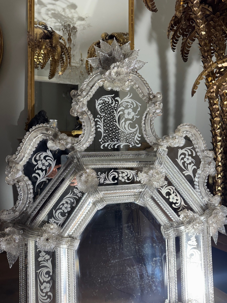 Miroir vénitien de la fin du XIXe siècle en verre gravé  (H134xL85cm)-photo-6