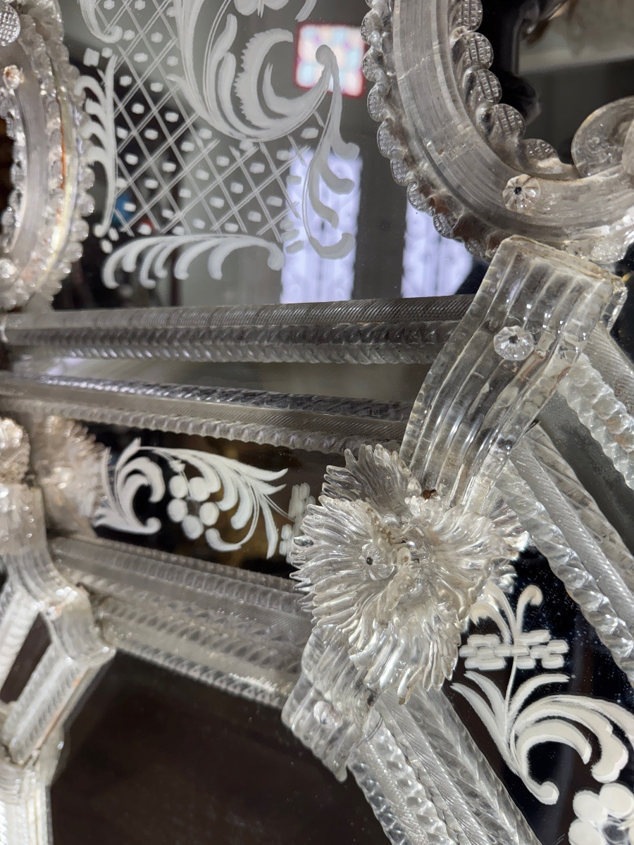 Miroir vénitien de la fin du XIXe siècle en verre gravé  (H134xL85cm)-photo-7