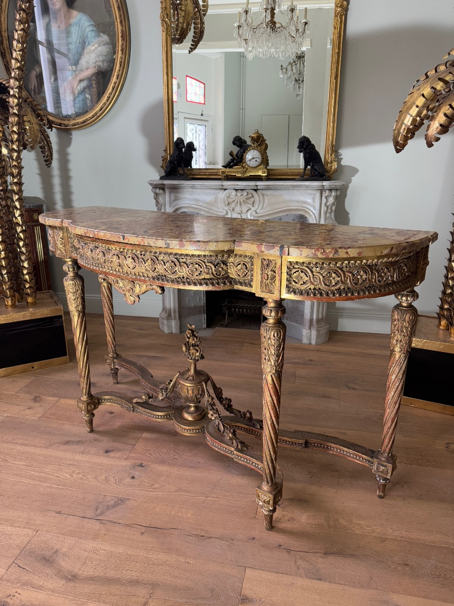 Console à 4 pieds de la fin du XIXe siècle en bois doré de style Louis XVI -photo-7