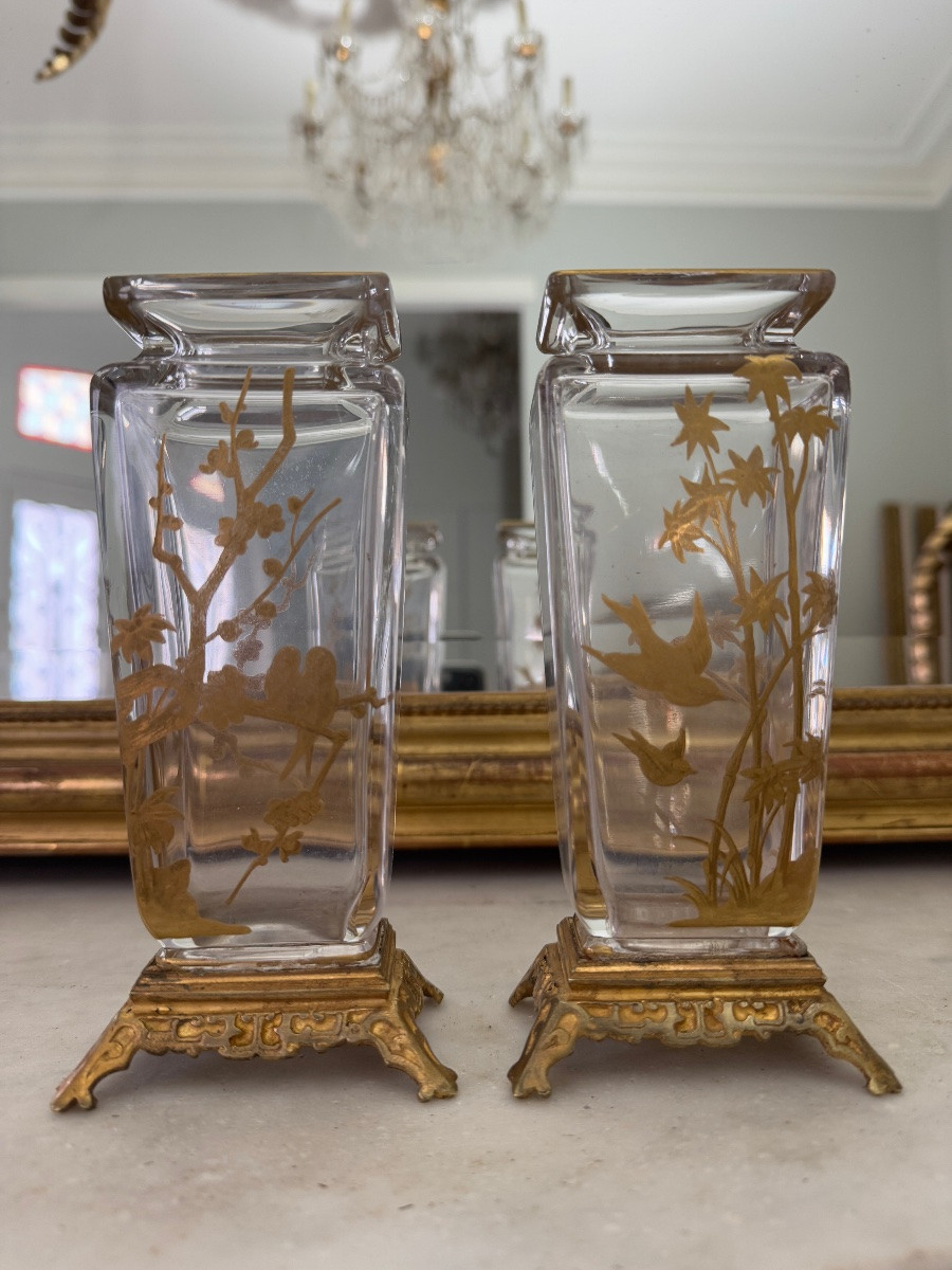Paire de vases japonisant de la fin du XIXe siècle en cristal de Baccarat -photo-2