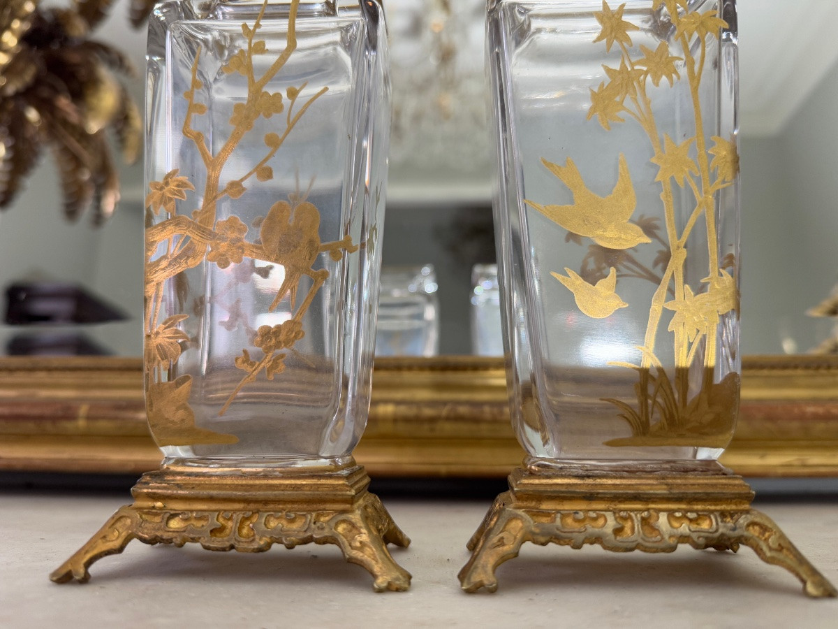 Paire de vases japonisant de la fin du XIXe siècle en cristal de Baccarat -photo-3