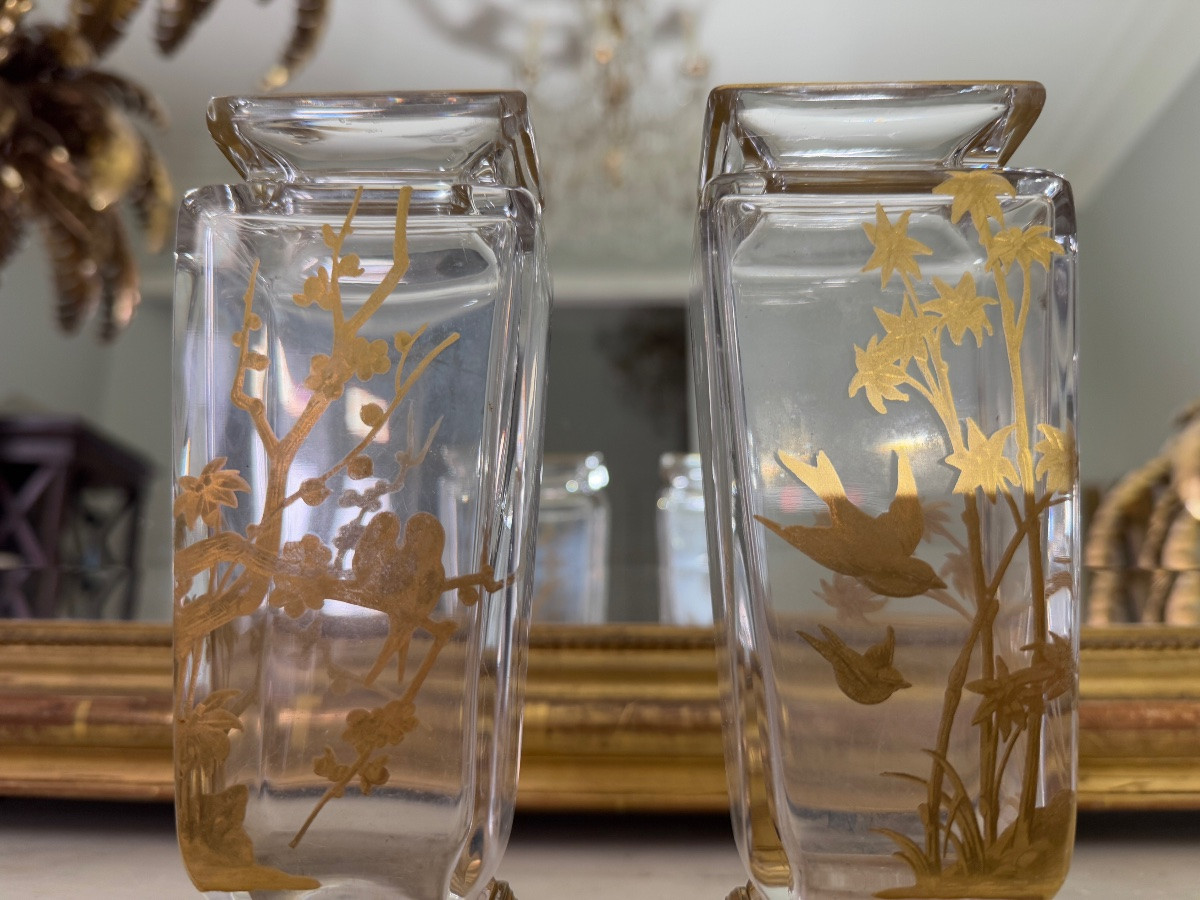 Paire de vases japonisant de la fin du XIXe siècle en cristal de Baccarat -photo-4
