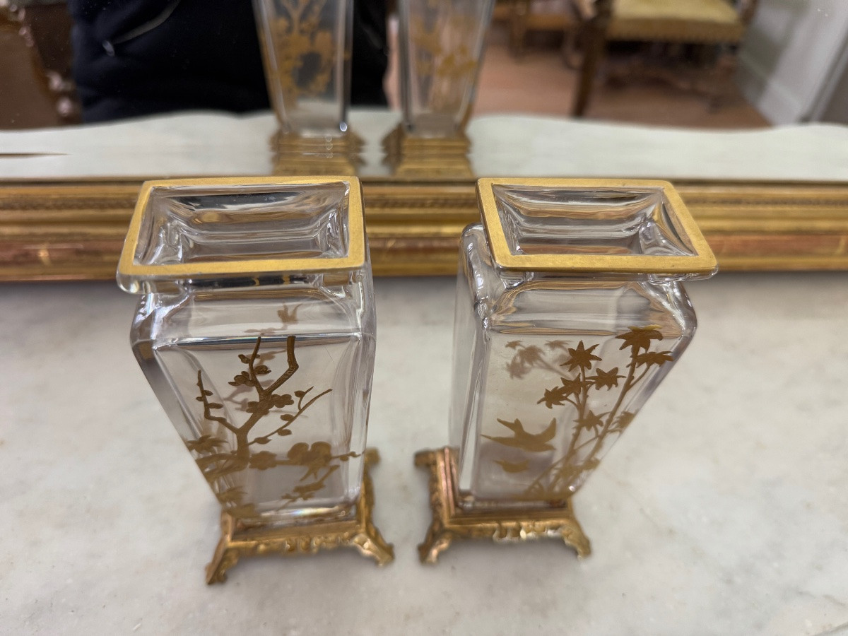 Paire de vases japonisant de la fin du XIXe siècle en cristal de Baccarat -photo-1