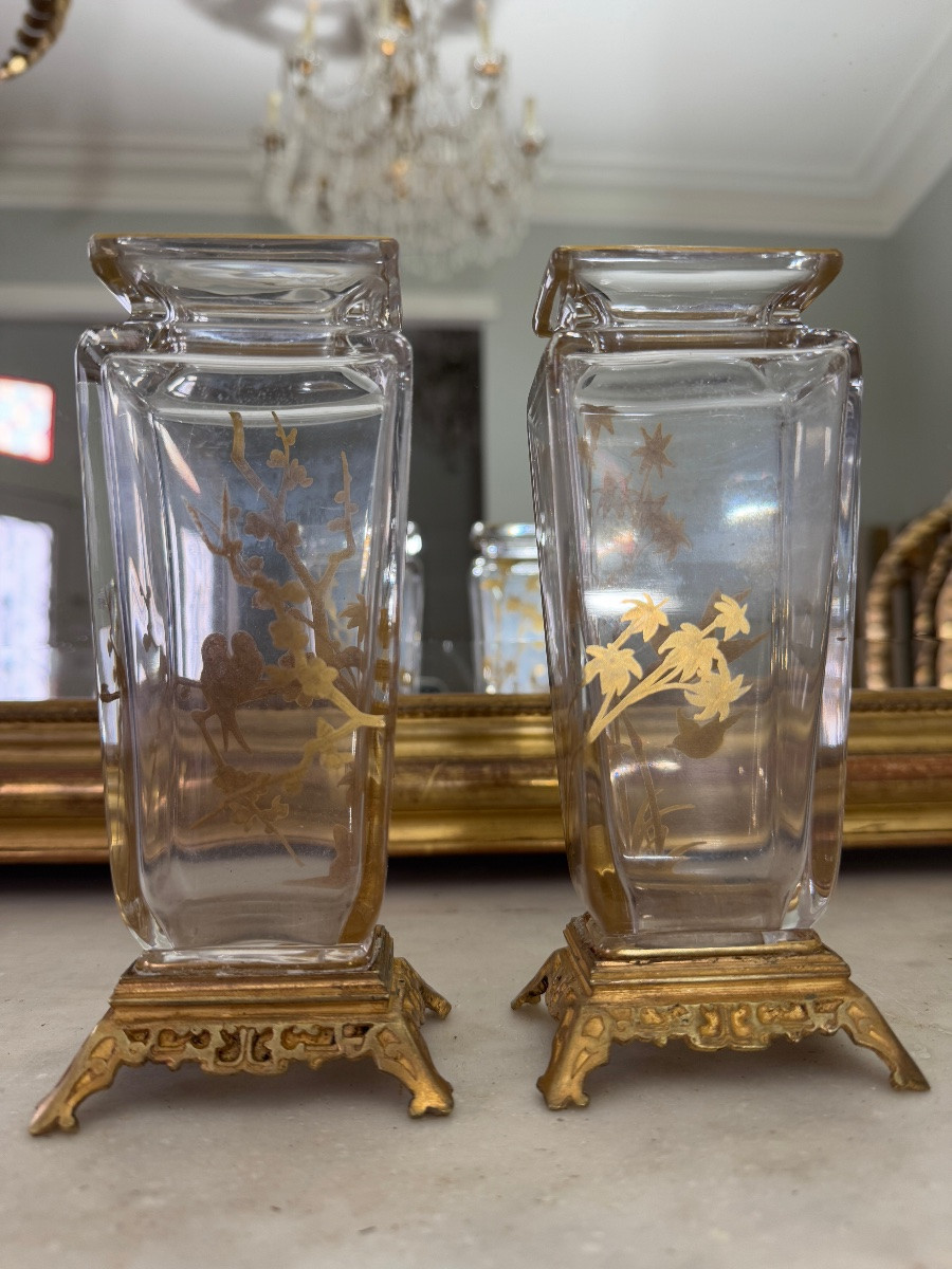 Paire de vases japonisant de la fin du XIXe siècle en cristal de Baccarat -photo-2