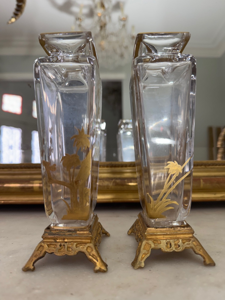 Paire de vases japonisant de la fin du XIXe siècle en cristal de Baccarat -photo-3
