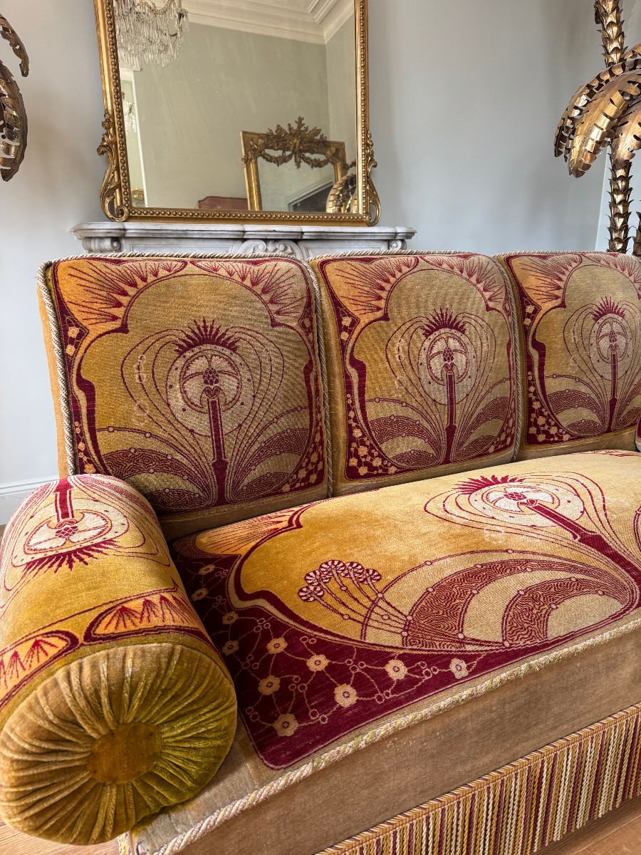 Canapé D'époque Art Nouveau garni de Son Tissu velours D'origine - XXe Siècle-photo-1